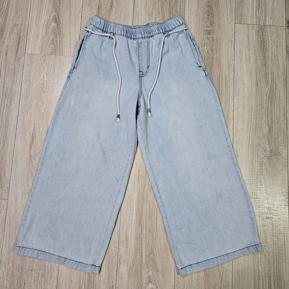 Kensie Jeans Women's Wide-Leg Light Wash Denim Drawstring Jeans Pockets Size S